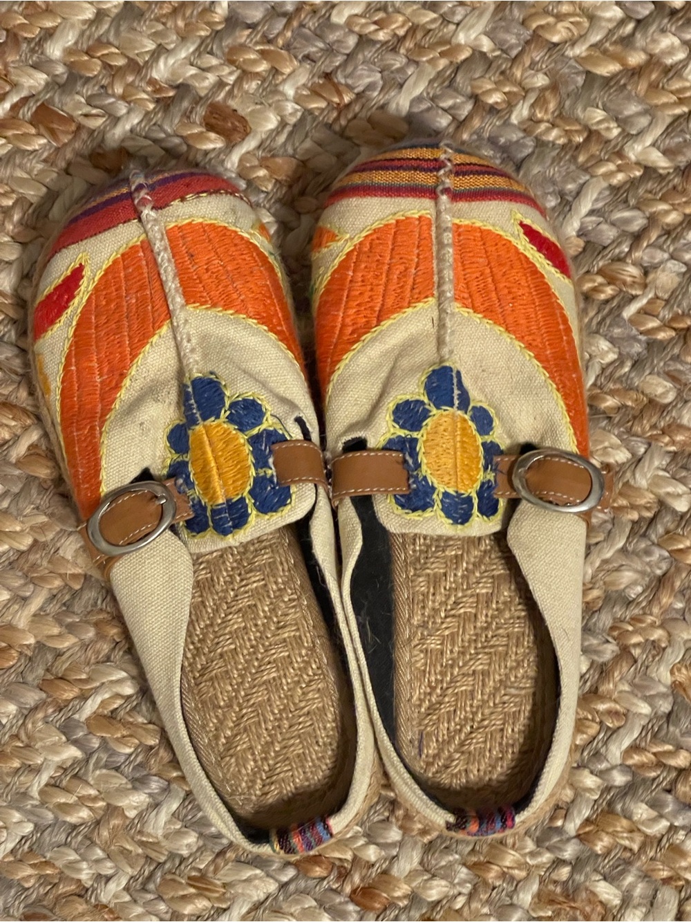 Canvas Mary Jane Flats with Orange Floral Embroidery